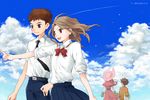  1girl age_comparison bad_id bad_pixiv_id brown_eyes brown_hair cloud day digimon digimon_adventure digimon_adventure_tri. dual_persona gloves hat izumi_koushirou long_hair ogura_(pixiv97931) pointing school_uniform short_hair sky tachikawa_mimi tsukishima_general_high_school_uniform 