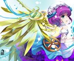  bare_shoulders blue_eyes blush clock detached_sleeves dress hair_ornament mechanical_wings open_mouth purple_hair puzzle_&amp;_dragons short_hair sideways_mouth siukaukau24 skuld_(p&amp;d) solo wings 