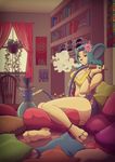  2015 anthro black_nose blue_eyes blue_hair book bookshelf bracelet breasts claws cleavage clothed clothing einom female glower hair hindpaw inside jewelry looking_down mammal mouse navel paws pillow plant ring rodent short_hair shorts sitting smoking solo stereo thick_thighs toe_ring window 