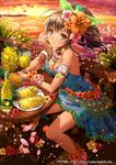  armband bracelet breasts brown_eyes brown_hair cleavage dress drink earrings flower food food_themed_earrings food_themed_hair_ornament fruit hair_flower hair_ornament hair_ribbon hibiscus jewelry long_hair medium_breasts necklace ocean official_art petals pineapple pineapple_earrings pineapple_hair_ornament ponytail ribbon sakiyamama sandals sitting sky smile solo sunset table tan tenkuu_no_crystalia water 