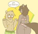  2015 anthro bearra boxer bra canine clothed clothing duo ear_piercing eyewear facial_piercing female glasses male mammal nipples nose_piercing piercing plain_background shorts text underwear wolf 
