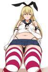  blonde_hair elbow_gloves g-string ganto gloves kantai_collection long_hair navel plump shimakaze_(kantai_collection) simple_background thick_thighs thighhighs thighs thong 