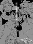  black_background earrings eyes_visible_through_hair fangs greyscale hair_over_one_eye hat hood ima-no-tsurugi ishikirimaru iwatooshi japanese_clothes jewelry kogitsunemaru long_hair male_focus mikazuki_munechika monochrome multiple_boys open_mouth sharp_teeth simple_background teeth tokin_hat touken_ranbu translation_request zuwai_kani 