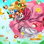  :d blonde_hair blue_eyes crown dress earrings elbow_gloves fire_flower gloves jewelry long_hair mario_(series) midair mushroom open_mouth pink_dress princess_peach sires_r_black smile solo super_mario_bros. super_mushroom |_| 