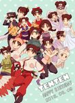  13domon 2015 6+girls :d baby brown_eyes brown_hair cheerleader dated double_bun eyes_closed fang flak_jacket forehead_protector glasses happy_birthday hat headband japanese_clothes multiple_girls multiple_persona naruto naruto_shippuuden open_mouth pacifier peaked_cap pom_poms smile tenten wink 