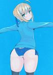  artoria_pendragon_(all) ass bad_id bad_pixiv_id blonde_hair blue_background blue_eyes blush braid butt_crack fate/stay_night fate_(series) from_behind hair_ribbon highres looking_at_viewer looking_back panties ribbon saber side-tie_panties sugimoto_takeshi sweatdrop thighhighs underwear 