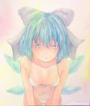  bikini blue_eyes blue_hair bow breasts cirno collarbone front-tie_bikini front-tie_top hair_bow highres ice ice_wings leaning_forward looking_at_viewer navel pink_background short_hair small_breasts solo swimsuit touhou traditional_media upper_body watercolor_(medium) white_bikini wings yuyu_(00365676) 