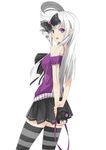  :d arms_behind_back bare_shoulders camera hair_ribbon long_hair looking_at_viewer one_side_up open_mouth original purple_eyes ribbon rizky_(strated) silver_hair smile solo striped striped_legwear thighhighs 