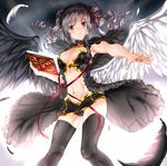  angel_wings black_feathers black_wings book breasts drill_hair feathered_wings feathers grimoire idolmaster idolmaster_cinderella_girls kanzaki_ranko looking_at_viewer medium_breasts red_eyes serakoutarou silver_hair smile solo thighhighs twin_drills twintails white_wings wings 