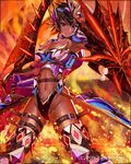  armor black_hair dark_skin fighting_stance fire oomii_(f.style) red_eyes serious shield sword 