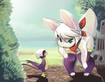  anthro avian bird blue_eyes bushes eggshell fur hair helmet lagomorph legwear mammal neckerchief open_mouth phation rabbit rudragon thigh_highs white_fur white_hair 