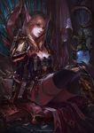  armor blonde_hair book breasts chenbo cleavage cushion elf gauntlets greaves green_eyes judgement_armor long_hair looking_at_viewer medium_breasts pointy_ears shoulder_armor sitting solo spaulders thighhighs warcraft world_of_warcraft 