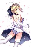  ahoge artoria_pendragon_(all) ass bare_back blonde_hair bow dress elbow_gloves fate/stay_night fate/unlimited_codes fate_(series) from_behind gloves green_eyes hair_bow highres looking_back panties petals ponytail saber saber_lily sketch smile solo thighhighs underwear veilrain white_dress white_gloves white_legwear white_panties 