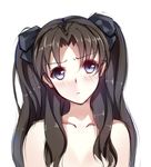  blue_eyes bow brown_hair fate/stay_night fate_(series) hair_bow looking_at_viewer pout solo toosaka_rin topless twintails upper_body veilrain white_background 
