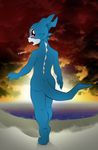  ambiguous_gender anthro anthrofied bandai blush butt dialogue digimon dragon english_text looking_at_viewer looking_back nude open_mouth outside photo_background rear_view scalie solo standing sunset surprise text v-d-k veemon walk-in 
