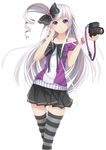  1girl bare_shoulders camera hair_ribbon highres long_hair looking_at_viewer original purple_eyes ribbon rizky_(strated) side_ponytail silver_hair skirt smile striped striped_legwear thighhighs 