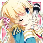  ;p bad_id bad_pixiv_id bangs bekki_natsumi blonde_hair blue_eyes bow commentary_request epaulettes hair_bow looking_at_viewer microphone neo1031 no-rin one_eye_closed solo tongue tongue_out two_side_up 