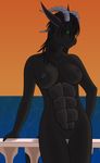  anthro breasts digital_media_(artwork) dragon female fur hair horn nipples nude pinup pose pussy scales scalie sea solo standing sunset taroseer water 