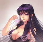  bare_shoulders bishoujo_senshi_sailor_moon black_hair breasts cleavage douyougen earrings facial_mark forehead_mark holding jewelry large_breasts lips long_hair mistress_9 nail_polish necklace open_mouth pearl purple_eyes purple_hair simple_background sleeveless solo tomoe_hotaru upper_body 