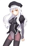  bad_id bad_pixiv_id black_legwear caren_hortensia cowboy_shot crotch_seam fate/stay_night fate_(series) frills hat highres impossible_clothes layered_sleeves long_hair looking_at_viewer panties panties_under_pantyhose pantyhose sano_jinya solo underwear white_hair 