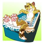  4_finger = barefoot bathtub cheetah chest_tutft feet feline fluffy fur lying mammal on_back pawpads paws rnorthex salmy smile teenager toes toony water wet white_fur yellow_fur young 