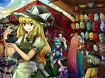  6+girls :q absurdres alice_margatroid animal aoiakamaou apron blonde_hair blue_skirt bow bowl braid cirno fairy festival fish fox_mask gap green_hair hair_bow hair_tubes hakurei_reimu hat hata_no_kokoro highres horns ibuki_suika ice ice_wings izayoi_sakuya kirisame_marisa komeiji_koishi konpaku_youmu layered_skirt long_hair maid maid_headdress market mask mask_on_head morichika_rinnosuke multiple_girls oni orange_hair outdoors puffy_short_sleeves puffy_sleeves red_bow red_eyes remilia_scarlet short_sleeves sidelocks skirt smoke third_eye tongue tongue_out touhou twilight umbrella upper_body vampire very_long_hair waist_apron walking wings witch_hat yakumo_yukari 