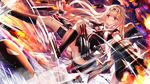  aircraft airplane battle dutch_angle explosion fighting fire hair_flaps hair_ornament hair_ribbon hairclip highres kantai_collection long_hair looking_at_viewer machinery open_mouth panties pantyshot pink_hair red_eyes remodel_(kantai_collection) ribbon sharp_teeth solo striped striped_panties swordsouls teeth torpedo turret underwear yuudachi_(kantai_collection) 