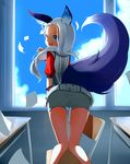  absurdres animal_ear_fluff animal_ears ass bad_id bad_pixiv_id blade_&amp;_soul blue_eyes chair classroom day desk earrings fang fox_ears from_behind highres indoors jewelry kneeling long_hair looking_back lyn_(blade_&amp;_soul) school_desk short_shorts shorts silver_hair sky smile solo sosan tail window 