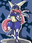  abstract_background amphibian anthro bandage breasts clothing frog greninja hood looking_at_viewer nintendo panties pok&eacute;mon pose solo tongue underwear video_games wouhlven 
