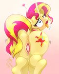  &lt;3 2015 anus butt cutie_mark cyan_eyes dock equestria_girls equine female feral fur hair horn joakaha mammal my_little_pony open_mouth pussy pussy_juice solo sunset_shimmer_(eg) tongue tongue_out two_tone_hair unicorn yellow_fur 