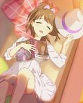  bow brown_eyes brown_hair closed_eyes drooling fedora hair_bow hat hat_removed headwear_removed hisami_nanami lying magazine official_art on_back ponytail sleeping solo wake_up_girls! wake_up_girls!_stage_no_tenshi 