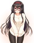  bare_shoulders black_hair black_legwear glasses hairband long_hair no_pants original pantyhose red_eyes ribbed_sweater sleeves_past_wrists solo sotogawa_max standing sweater 