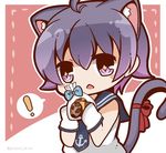  ahoge anchor_symbol animal_ears bloom2425 blush_stickers cat_ears cat_tail checkerboard_cookie chibi chocolate_chip_cookie cookie downscaled food gloves jpeg_artifacts kantai_collection kemonomimi_mode md5_mismatch purple_eyes purple_hair resized ribbon sakawa_(kantai_collection) school_uniform serafuku short_hair solo sparkling_eyes tail tail_ribbon twitter_username white_gloves 