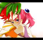  1girl bad_id bad_pixiv_id blue_eyes blush choker goggles goggles_on_head green_hair hiiragi_yuzu hug jacket_on_shoulders letterboxed multicolored_hair orange_shirt pink_hair puruchino red_eyes red_hair sakaki_yuuya shirt short_twintails simple_background tears twintails two-tone_hair white_background yuu-gi-ou yuu-gi-ou_arc-v 