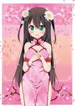  bad_id bad_pixiv_id bare_shoulders black_hair blush breasts china_dress chinese_clothes cleavage cleavage_cutout dress flower green_eyes hair_flower hair_ornament long_hair looking_at_viewer medium_breasts open_mouth original own_hands_together ragho_no_erika side_slit solo two_side_up 
