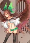  alternate_costume bare_shoulders black_legwear blush bow breasts brown_hair brown_wings cape collarbone feathers hair_bow highres hips jewelry knees legs long_hair medium_breasts microskirt natsu_narumi navel no_shirt pendant red_eyes reiuji_utsuho revealing_clothes ribbon skirt smile solo space stomach thighhighs thighhighs_pull thighs touhou underboob wings 