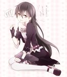  black_eyes black_hair commentary_request crossdressing dress kirito kirito_(sao-ggo) long_hair minattyon otoko_no_ko sitting sword_art_online translated wariza 