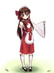  adapted_costume alternate_costume apron arms_up black_footwear blush boa_(brianoa) bow brown_eyes brown_hair detached_sleeves enmaided full_body grass ground hair_bow hair_tubes hakama_skirt hakurei_reimu head_tilt highres kneehighs long_hair looking_down maid maid_apron maid_headdress mary_janes pebble pigeon-toed red_skirt ribbon-trimmed_legwear ribbon-trimmed_sleeves ribbon_trim sarashi shoes skirt solo touhou transparent_background very_long_hair waist_apron 