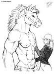  abs anthro black_and_white chris_sawyer clothed clothing equine female half-dressed horse jeans male male/female mammal monochrome muscles pecs plain_background size_difference sketch standing toned topless vein white_background 