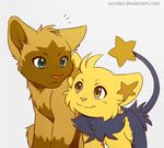  ambiguous_gender black_fur brown_fur cute duo feline fur green_eyes hyena lion mammal nintendo orange_eyes plain_background pok&eacute;mon poochyena shinx smile soraiko tan_fur video_games yellow_fur 