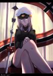  1girl absurdres azur_lane backlighting bare_legs battle_standard blue_eyes breasts character_name closed_mouth curtains hair_between_eyes hat highres indoors large_breasts legs_crossed letterboxed long_sleeves looking_at_viewer military military_hat military_uniform murata_ryou short_hair silver_hair sitting solo tirpitz_(azur_lane) uniform 