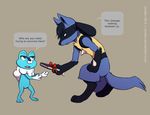  2015 ambiguous_gender amphibian black_fur blue_eyes blue_fur book bow canine duo english_text froakie frog fur lucario mammal nintendo open_mouth plain_background pok&eacute;mon soraiko standing tan_fur teeth text tongue video_games 