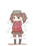  black_eyes blush_stickers brown_hair chibi hands_in_opposite_sleeves highres inishie kantai_collection looking_at_viewer ribbon ryuujou_(kantai_collection) shikigami solo twintails visor_cap 
