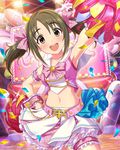  belt blush bow brown_eyes brown_hair confetti garters hair_bow hand_on_hip idolmaster idolmaster_cinderella_girls imai_kana looking_at_viewer midriff navel open_mouth pom_poms sleeveless solo sparkle stage stage_lights twintails wrist_cuffs 