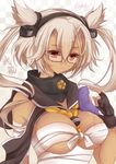  breasts glasses kantai_collection koyoi_(ruka) large_breasts long_hair musashi_(kantai_collection) pointy_hair red_eyes sarashi sea_cucumber semi-rimless_eyewear solo two_side_up under-rim_eyewear white_hair 