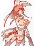  alternate_costume bare_shoulders blush bracelet breast_hold breasts clover elbow_gloves elphelt_valentine four-leaf_clover fumio_(rsqkr) gloves guilty_gear guilty_gear_xrd gun jewelry large_breasts pink_hair short_hair shotgun showgirl_skirt solo spiked_bracelet spikes weapon 