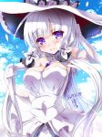  azur_lane bangs breasts cleavage commentary_request dress elbow_gloves eyebrows_visible_through_hair gloves hair_ribbon hat illustrious_(azur_lane) long_hair looking_at_viewer low_twintails miuku_(marine_sapphire) mole mole_under_eye purple_eyes ribbon side_bun smile solo strapless strapless_dress sun_hat tress_ribbon tri_tails twintails white_dress white_gloves white_hair white_hat white_legwear 