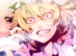  blonde_hair constricted_pupils crazy_eyes crazy_smile downscaled flandre_scarlet glowing glowing_eyes grin hat irohara_mitabi md5_mismatch mob_cap purple_eyes resized short_hair smile solo touhou 