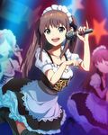  brown_hair collarbone frills green_eyes hair_ribbon long_hair maid maid_headdress microphone multiple_girls music official_art okamoto_miyu open_mouth paw_pose pinky_out ribbon singing smile solo_focus star thighhighs twintails wake_up_girls! wake_up_girls!_stage_no_tenshi 