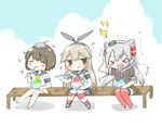  &gt;_&lt; :3 ^_^ amatsukaze_(kantai_collection) bangs blonde_hair brain_freeze brown_eyes brown_hair closed_eyes commentary_request dress eighth_note fang food food_in_mouth kantai_collection lifebuoy long_hair long_sleeves multiple_girls musical_note open_mouth sailor_dress school_uniform serafuku shaved_ice shimakaze_(kantai_collection) short_hair short_sleeves silver_hair spoon striped striped_legwear thighhighs tsuchihara_ai two_side_up yukikaze_(kantai_collection) 